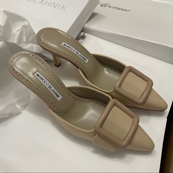 Manolo Blahnik Maysale Linen Mules Tan 70mm 37 - Picture 6 of 14